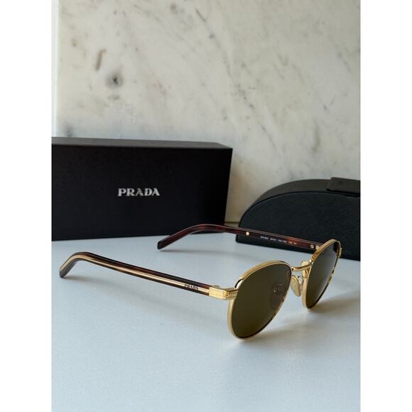 NEW Prada PR B52S Gold Brown Round Metal Sunglasses - Picture 7 of 8